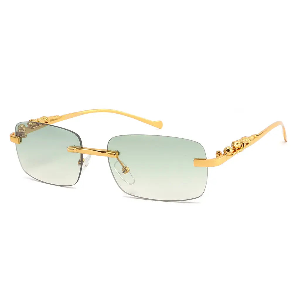 Gold-framed rectangular sunglasses with gradient green-to-clear lenses and ornate lion-head details on the temples set of 12