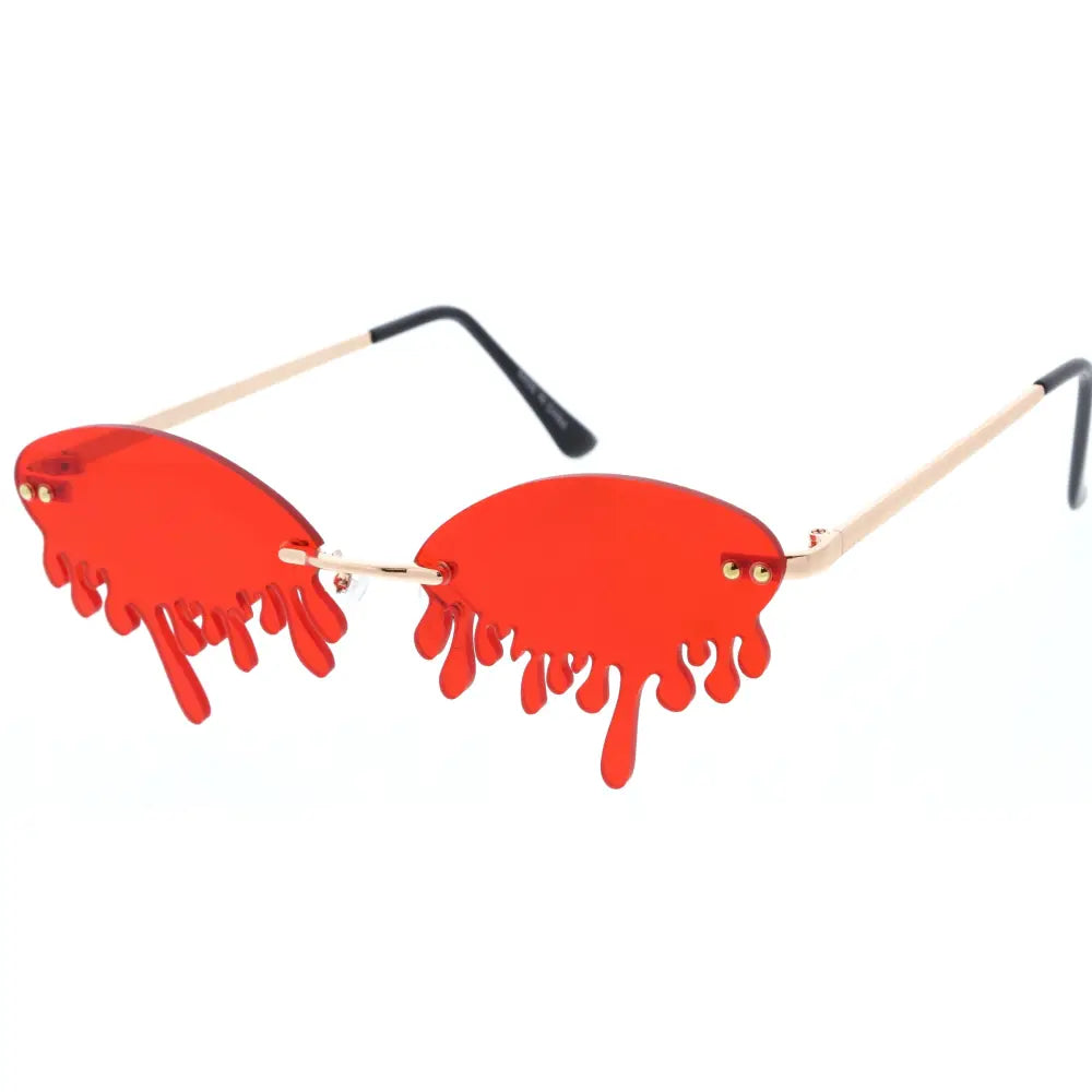 Set of 12 red dripping-lens sunglasses with gold-toned metal frames and black temple tips
