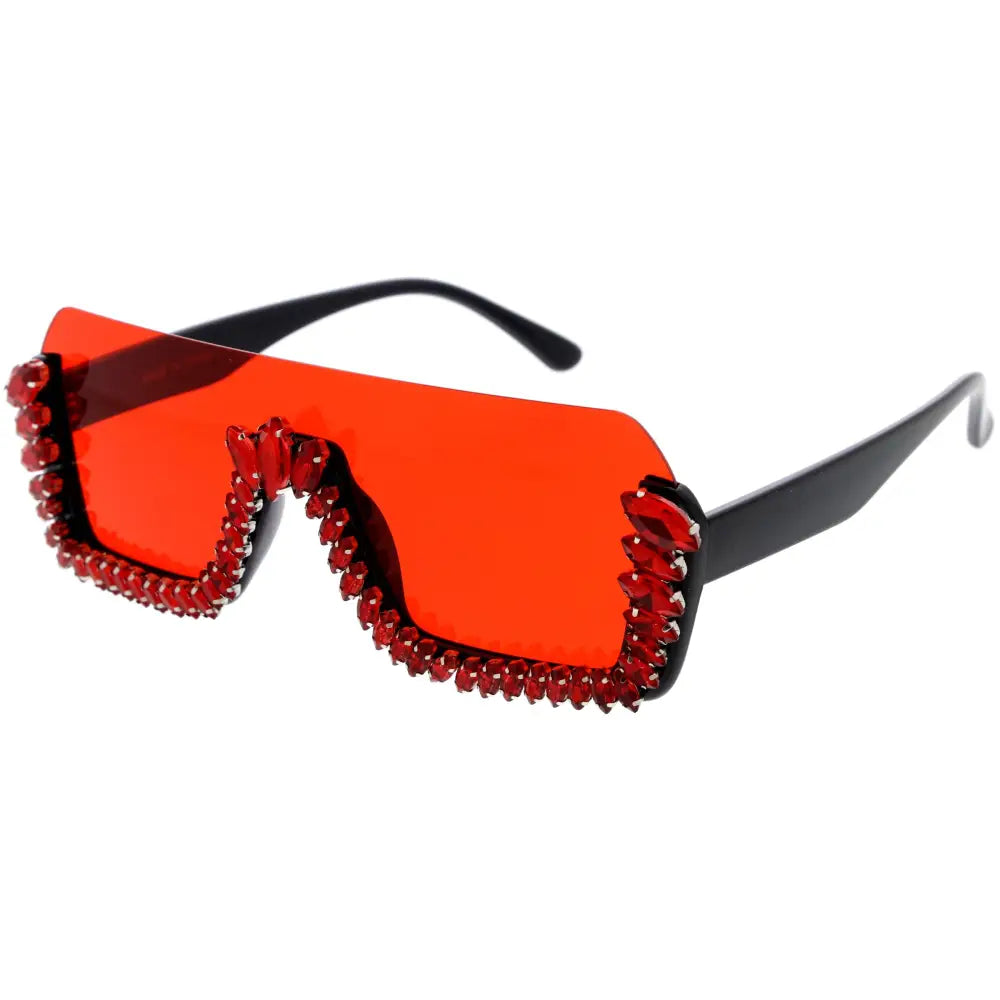 Gafas de sol futuristas rojas y negras con pedrería y montura angular llamativa, juego de 12 W3460