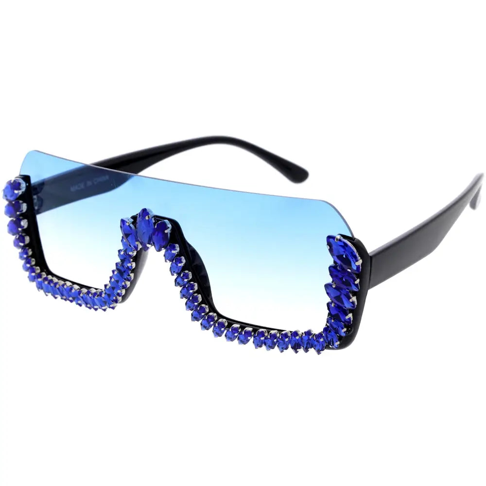 Set of 12 black-framed angular sunglasses with blue gradient lenses and sparkling royal blue crystals along edges