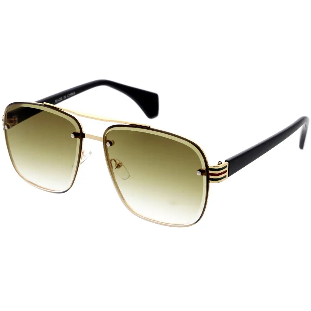 Set of 12 gold-rimmed aviator sunglasses with gradient green lenses and black temple arms with striped accent