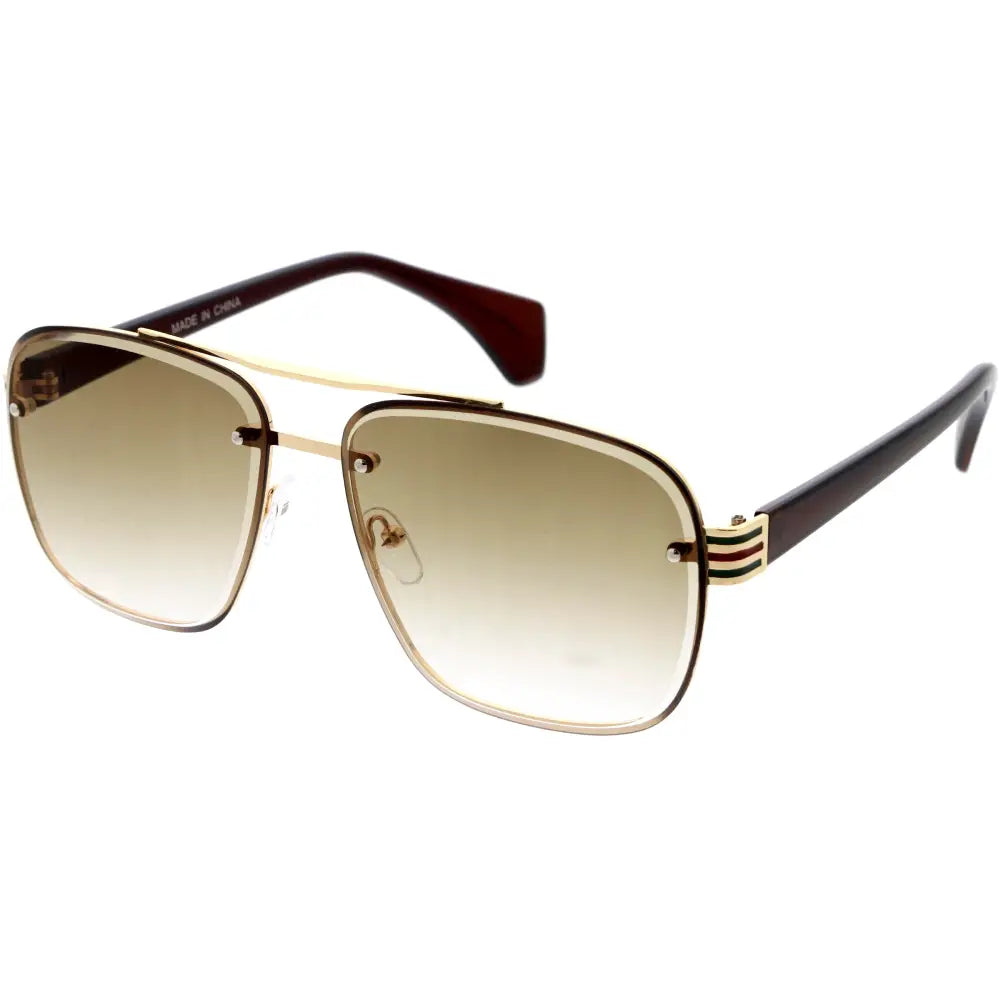 Aviator sunglasses with brown gradient lenses and gold-tone metal frame featuring red green and white striped temples set of 12