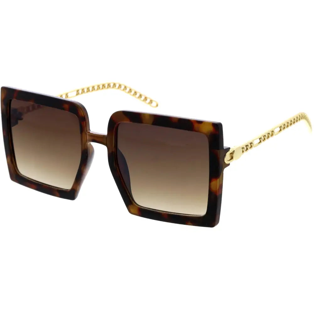 Gafas de sol de montura cuadrada de carey con varillas de cadena dorada y lentes degradados marrones, juego de 12 w3492