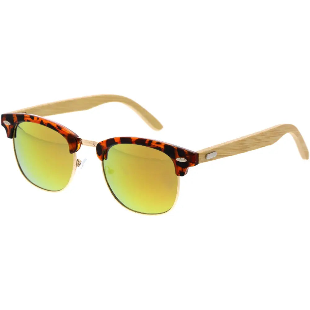 Tortoiseshell acetate sunglasses with bamboo temple arms and gradient green to yellow mirrored lenses set of 12