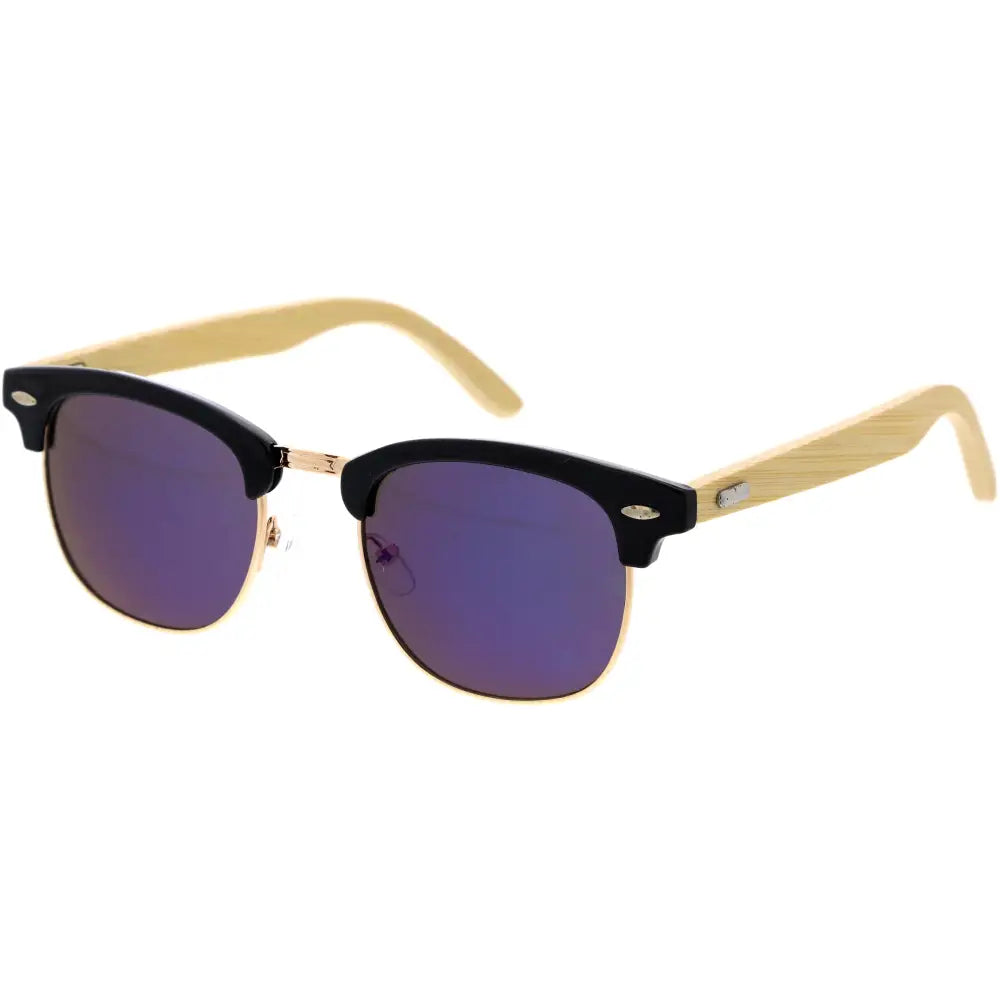 Black and bamboo framed sunglasses with purple mirrored lenses in a set of 12 W3493