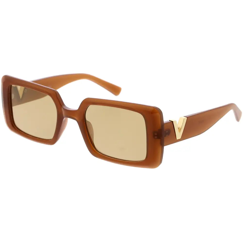 Brown rectangular sunglasses with gold-tone v-shaped logo accents on the temples set of 12 w3499