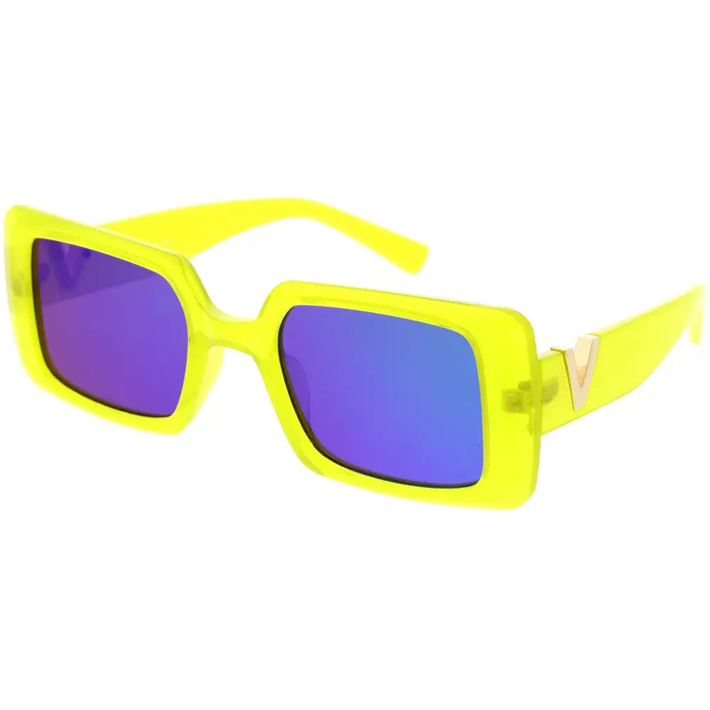 Set of 12 square sunglasses with neon yellow v-shaped frame and reflective purple-blue mirrored lenses w3499