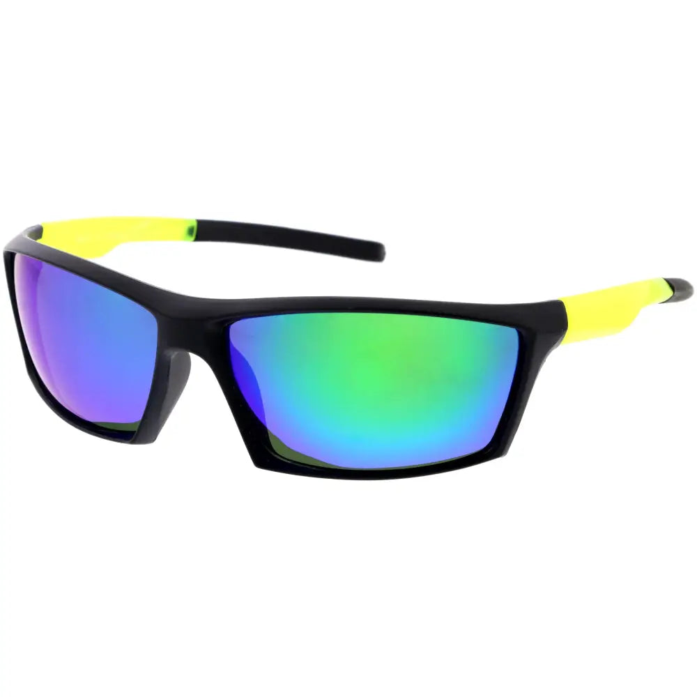 Black and neon yellow sport sunglasses with blue to green gradient mirrored lenses w3501p set of 12