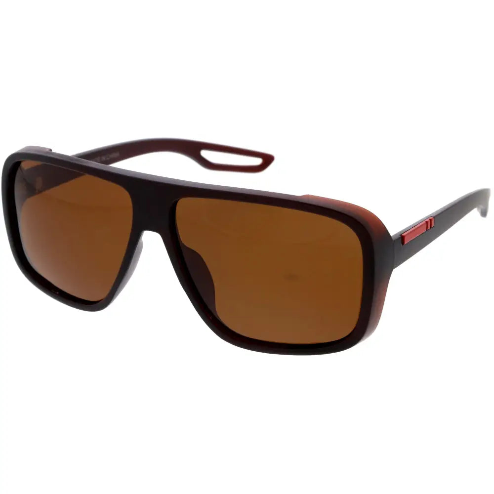 Dark brown aviator sunglasses with amber tinted lenses and a red accent on the temple in a set of 12 w3505p