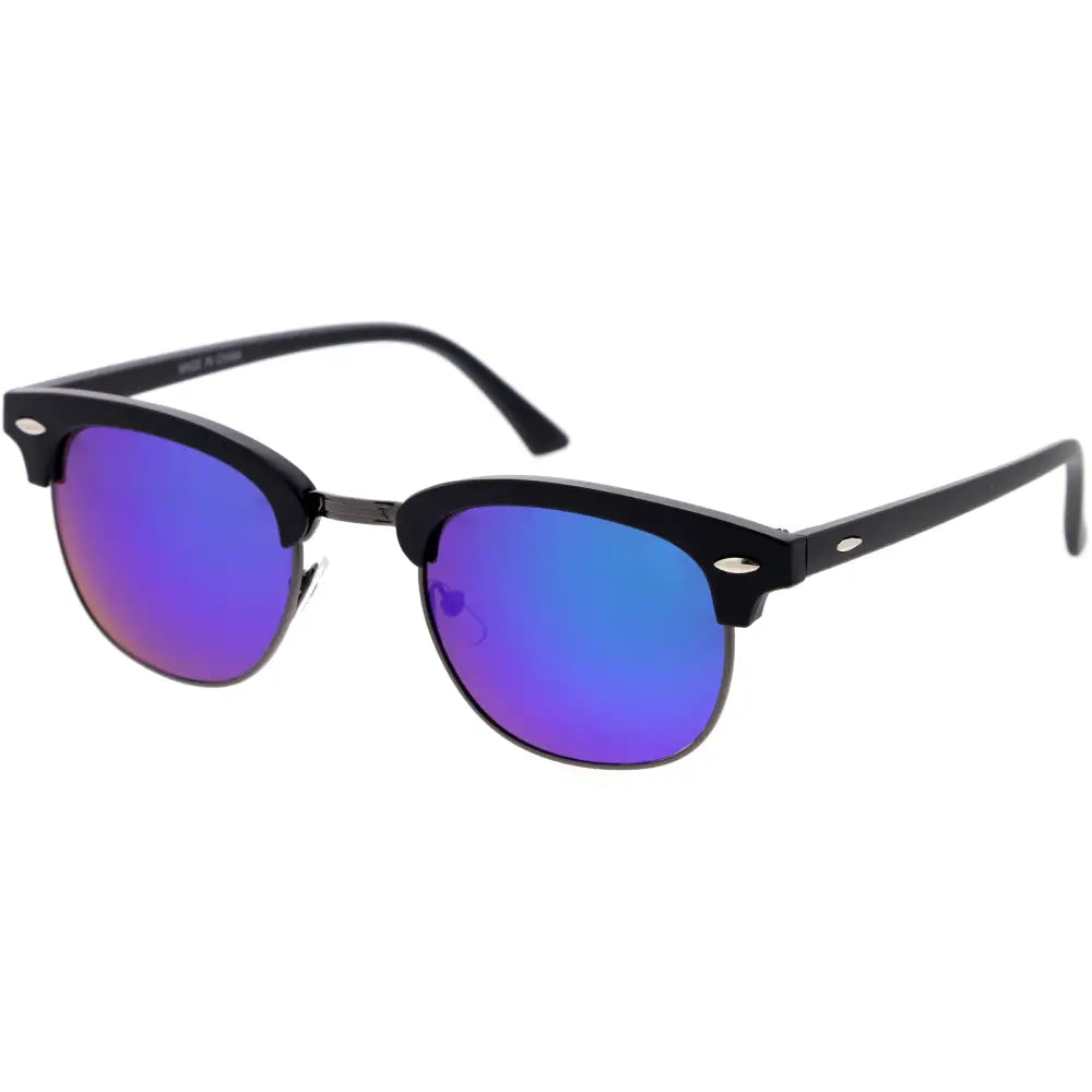 Gafas de sol negras de media montura con lentes de espejo degradados azul y morado, juego de 12, modelo W3519