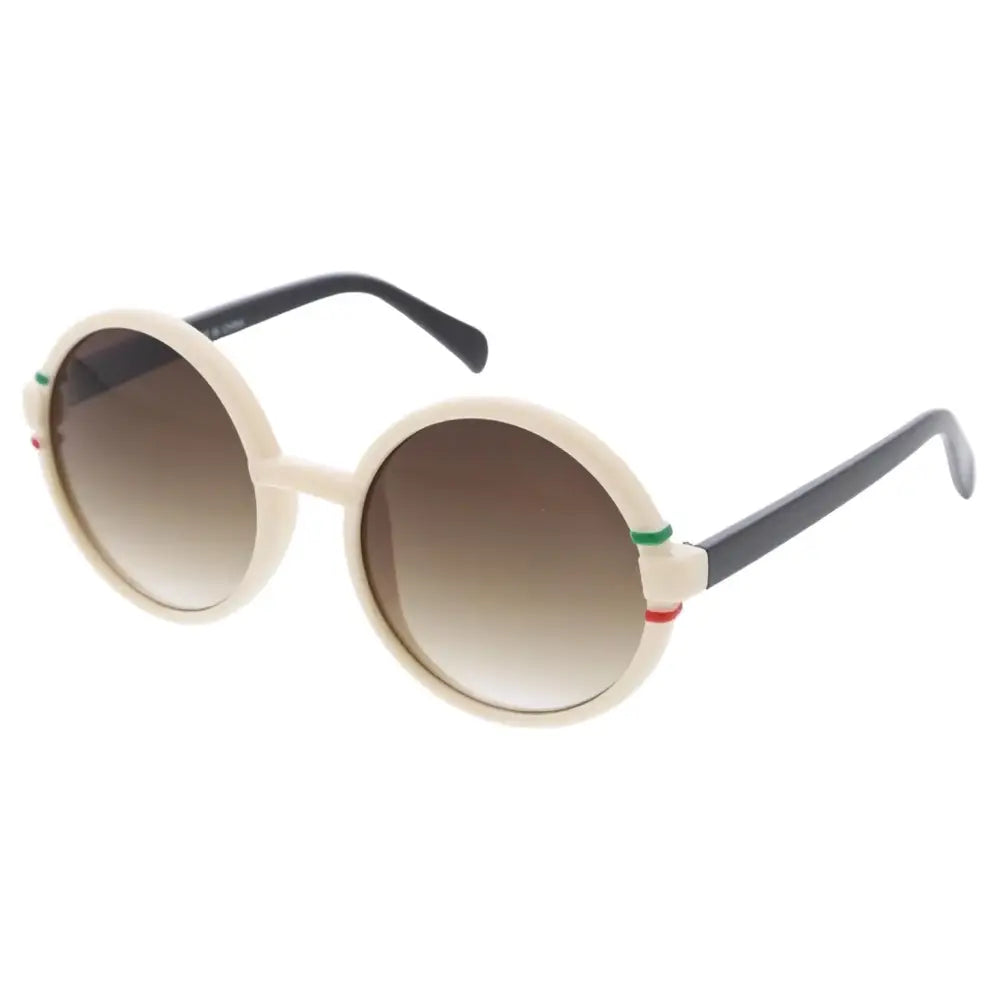 Gafas de sol redondas color crema con varillas negras, lentes degradados marrones y detalles a rayas verdes y rojas, juego de 12
