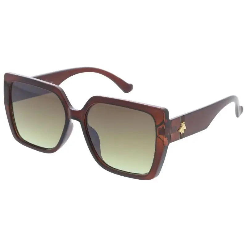 Brown square-shaped sunglasses with gradient green lenses and a gold bee emblem on the temple set of 12 W3523