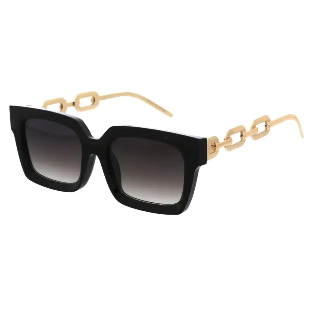 Black square-framed sunglasses with gold chain-link temples and gradient gray lenses set of 12 W3533