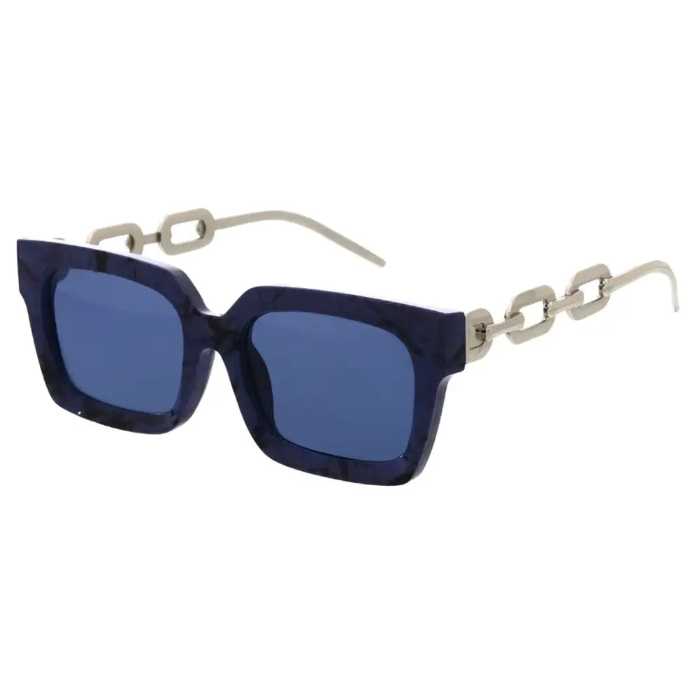 Dark blue marbled square sunglasses with silver chain-link temple details set of 12
