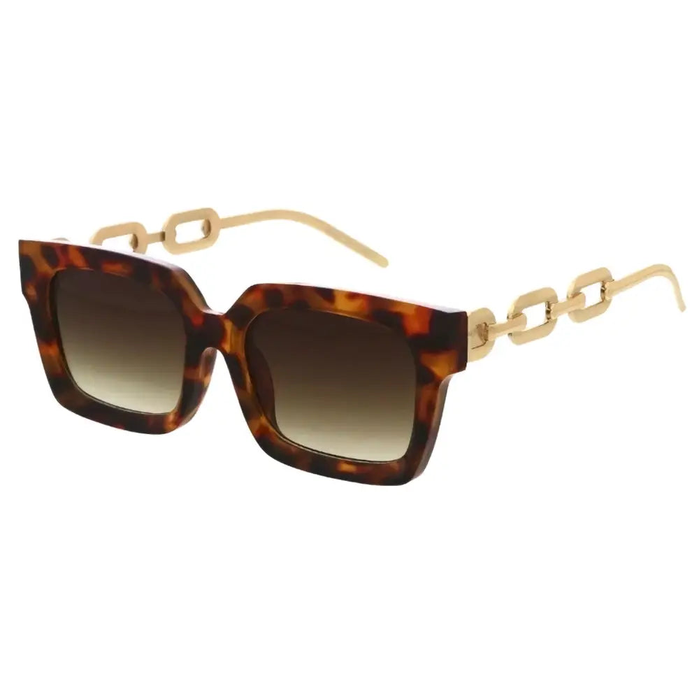 Tortoiseshell acetate square sunglasses with gold-tone chain-link temples and gradient brown lenses set of 12