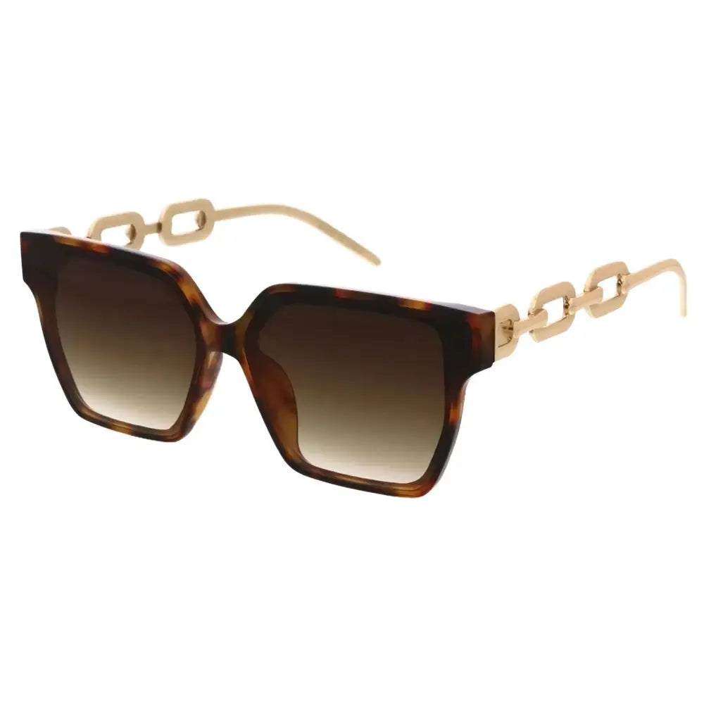 Tortoiseshell acetate square sunglasses with gold-tone chain-link temples and gradient brown lenses set of 12