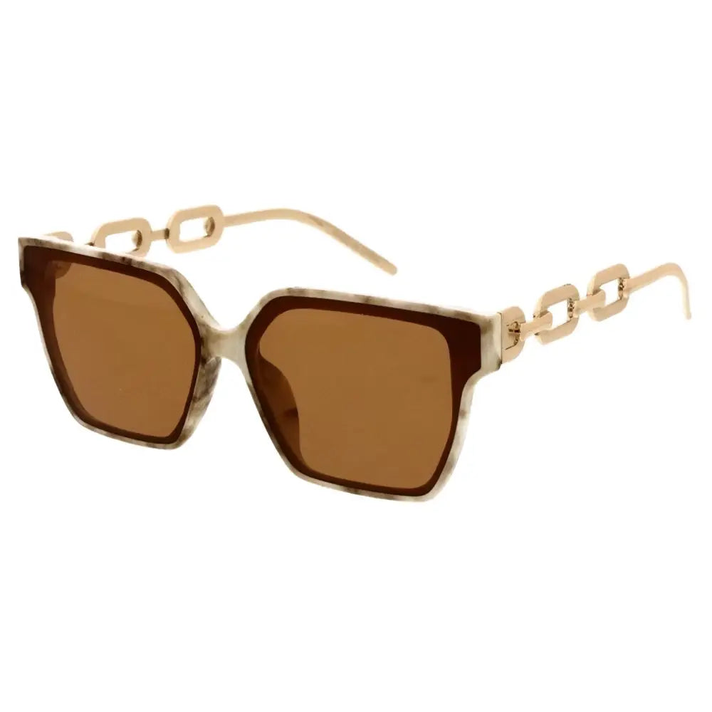 Square sunglasses with marbled beige and brown frame, gold chain-link temples, and amber tinted lenses set of 12