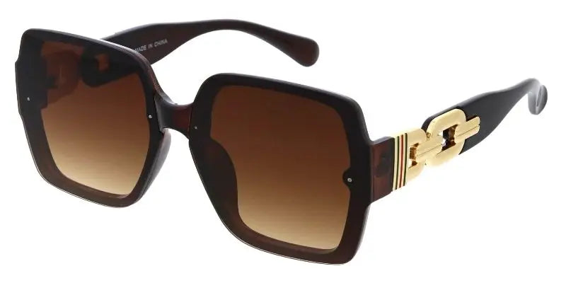 Gafas de sol de montura cuadrada negra con varillas de cadena dorada y lentes degradados marrones, juego de 12 w3538
