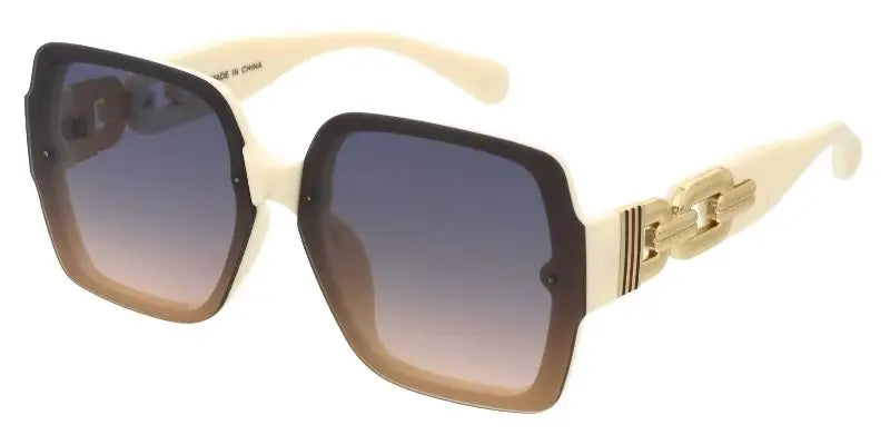 Cream-colored acetate sunglasses with bold black frames and gradient brown-to-blue lenses with gold chain-link temples
