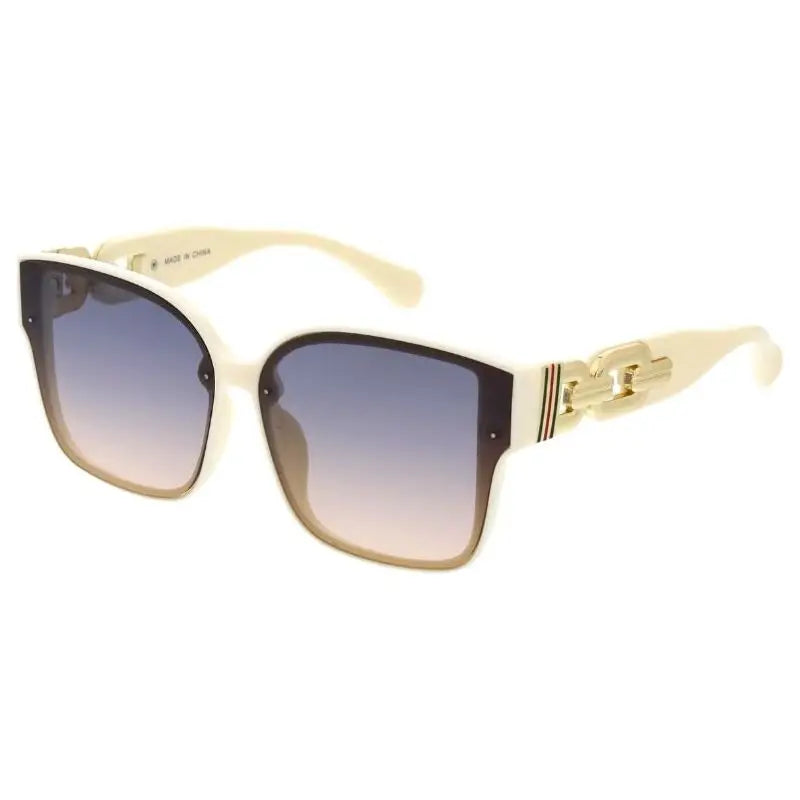 Cream-colored acetate sunglasses with bold black frame gradient blue to brown lenses and gold chain-link hardware