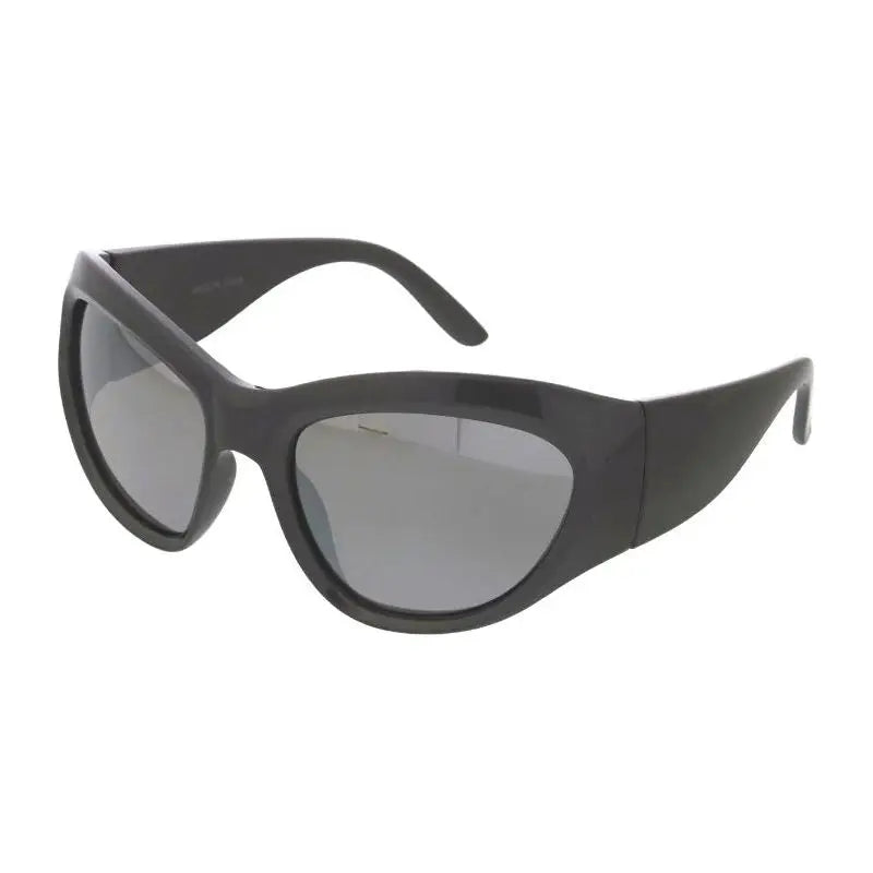 Black cat-eye sunglasses with gray mirrored lenses and glossy plastic frame set of 12 w3541