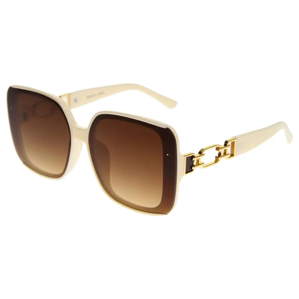 Cream-colored square-frame sunglasses with gold-tone chain-link temples and gradient brown lenses set of 12