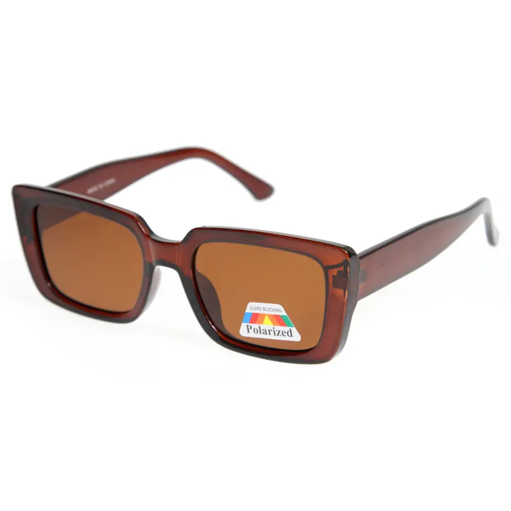 Brown rectangular sunglasses with polarized lenses and glossy acetate frame shown in a set of 12 W3550P