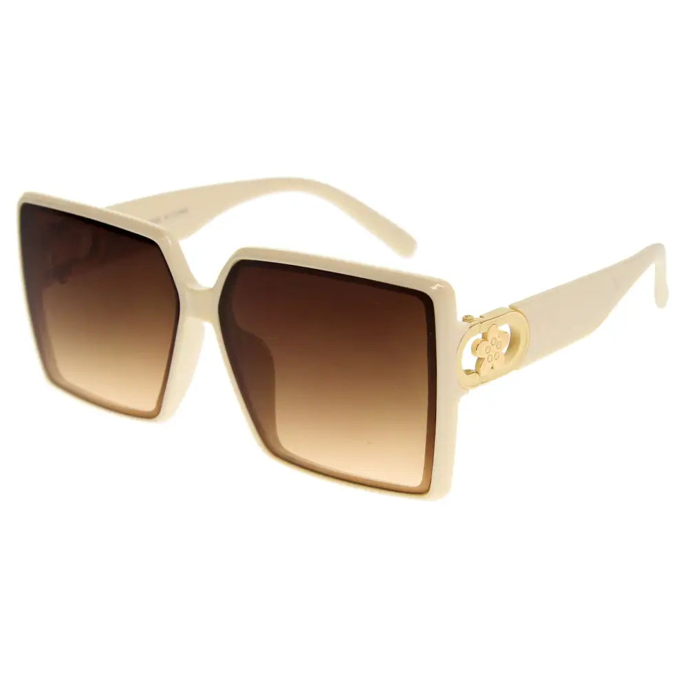 Cream-colored square-frame sunglasses with gradient brown lenses and gold-tone logo accent on the temple set of 12