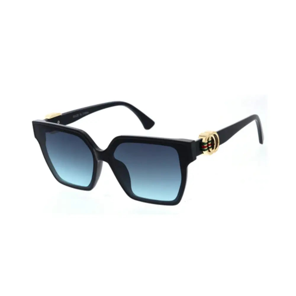 Black square-framed sunglasses with gradient blue lenses and gold-tone logo accents on the temples set of 12