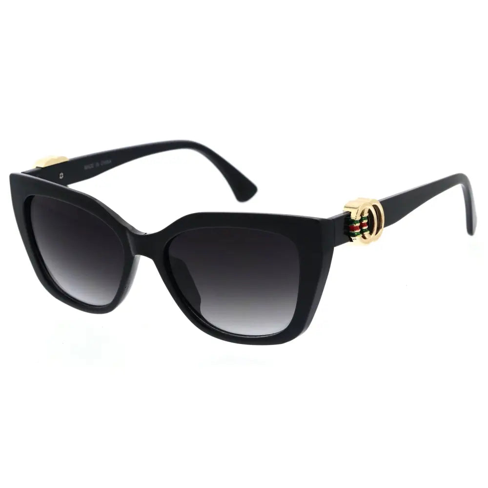 Black cat-eye sunglasses with gradient gray lenses and gold-tone hardware featuring interlocking g logo set of 12
