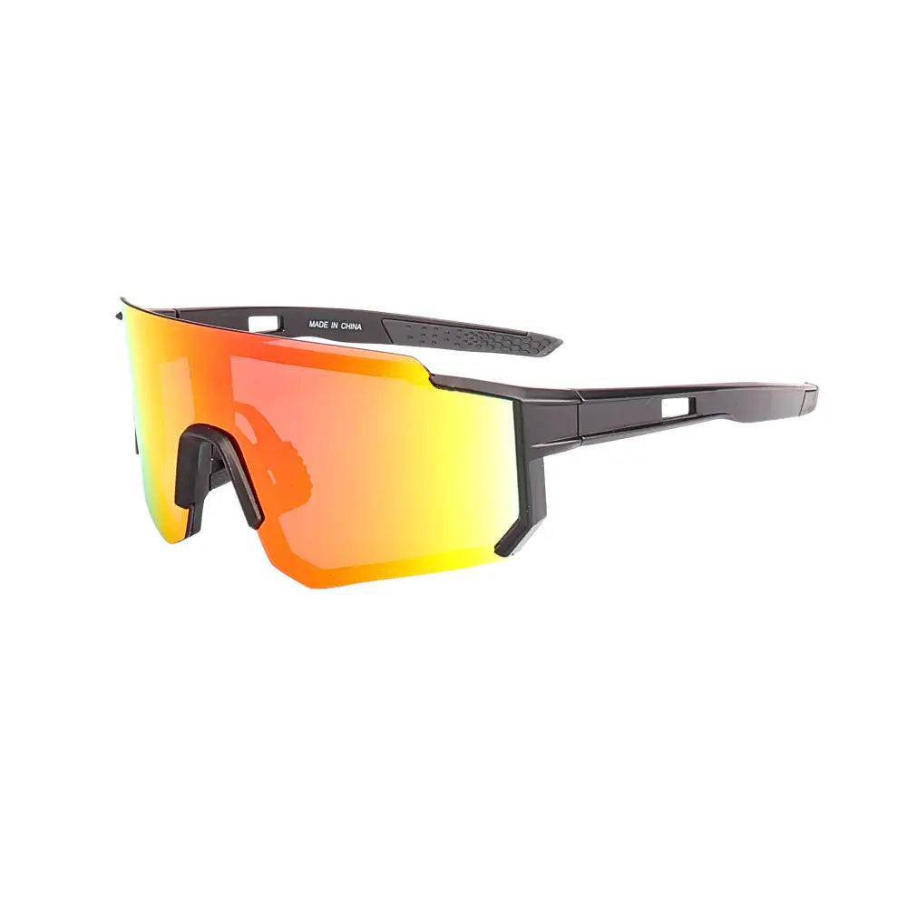 Black-framed sport sunglasses with vibrant orange to yellow gradient lenses in a set of 12, model W3600